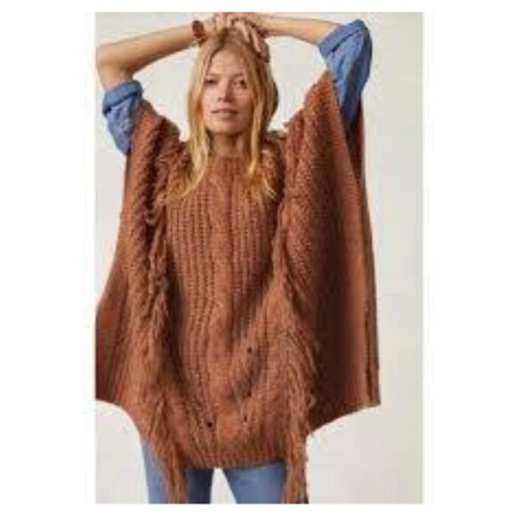 Anthropologie Women's Marled Fringe Poncho ONESIZE Bronze Knit Frontier Boho - Picture 3 of 12